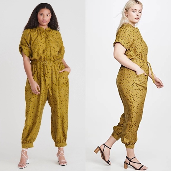 TANYA TAYLOR Silk Dot Roll Tab Short Sleeve Cinch Belt Waist Utility Jumpsuit 14 - Picture 1 of 15